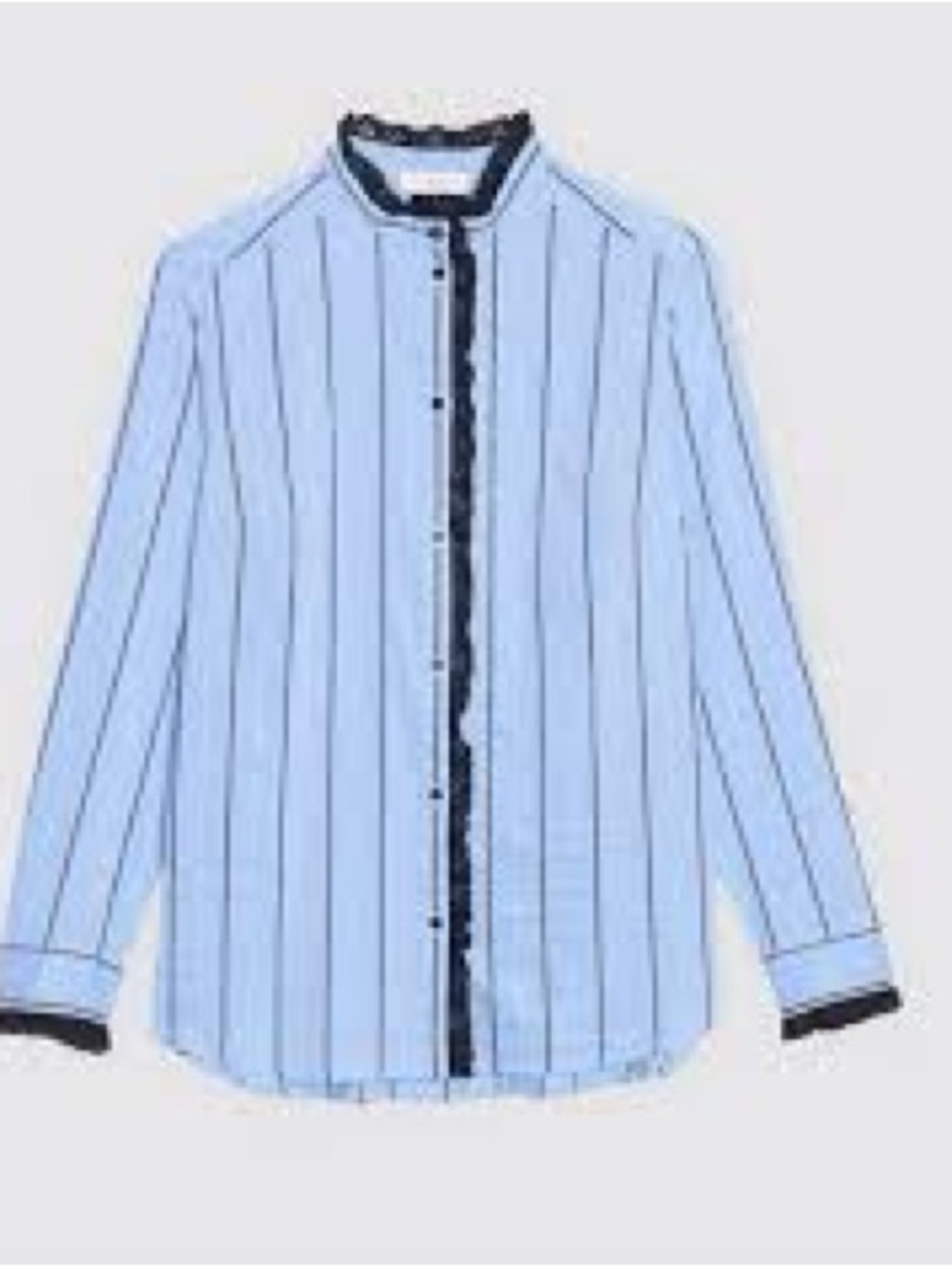 Sandro Light Blue Vertical Pinstripe Shirt with black lace Trim